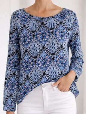 LOFT Blue Paisley Blouse Small Roll Tab Sleeve Lightweight Casual Work Top